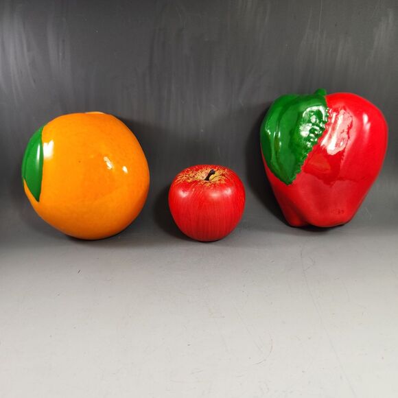 Fruit Wall Pocket Vase Set 2 Red Apple Orange Leaf Vintage Planter Hanging VTG - Picture 3 of 10
